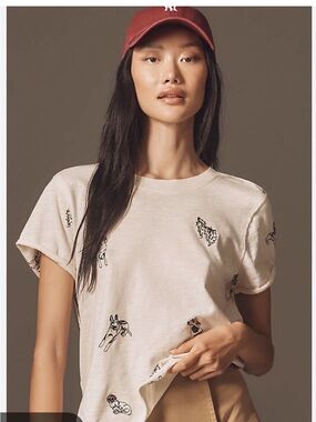 Maeve Anthropologie Caitlin Dog Embroidered Tee Shirt Small